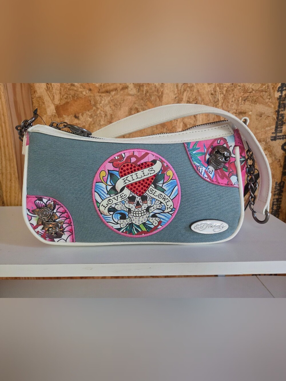Ed Hardy Denim Rhinestone Baguette Bag - Love Kills Slowly Skull Tattoo NWT
